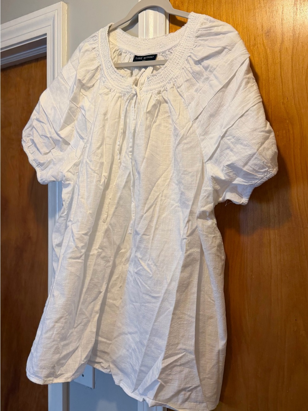 Lane Bryant White Smocked Tie-Neck Puff Sleeve Top